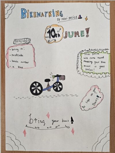 Good morning all, 
 
One the 10th June, the Mini-Police ambassadors will be offering to mark children’s bikes in the afternoon in order to help prevent them from getting stolen and more easily returned if they are stolen. 
This is open to any child in school, they will just need to make sure that they bring their bike/ scooter on the day as well as their postcode and house number. 

Many thanks, 

Mr Milner